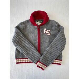 American Eagle Outfitters  Cardigan Sweater Gray Red Size S Full Zip Varsity